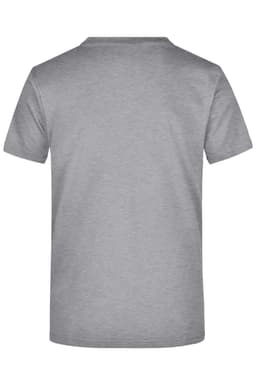 A grey short-sleeved T-shirt displayed from the back, featuring a branding logo.