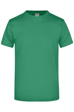 A green, short-sleeved t-shirt featuring a logo on the front.