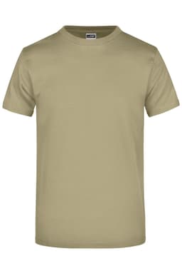 A khaki T-shirt with a classic round neckline and short sleeves, featuring a logo on the label.