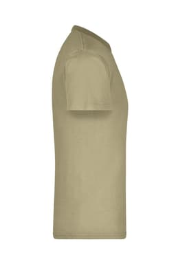 A khaki T-shirt displayed from the side, featuring a simple design and a logo on the fabric.