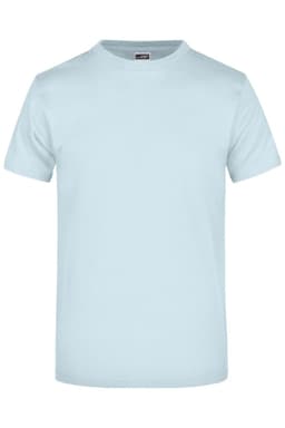 A light blue t-shirt featuring a round neck and short sleeves, with a logo on the label.