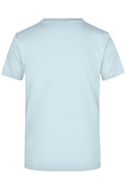 A light blue T-shirt with a plain back and short sleeves, featuring a logo.