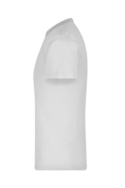 A white T-shirt in a side view, featuring short sleeves and a simple design. It has a logo on the garment.
