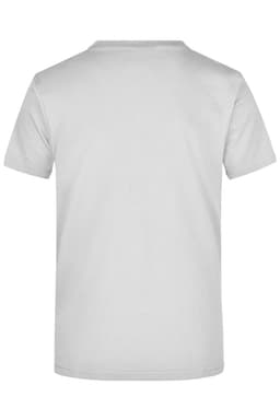 A plain white t-shirt in a standard short-sleeve style with a logo on the back.