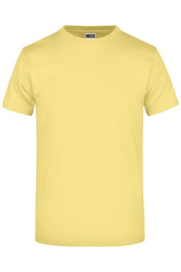 A yellow t-shirt featuring a classic crew neck design and short sleeves, with a logo present.