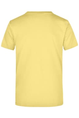 A yellow T-shirt with a simple short sleeve design, featuring a logo on the back.