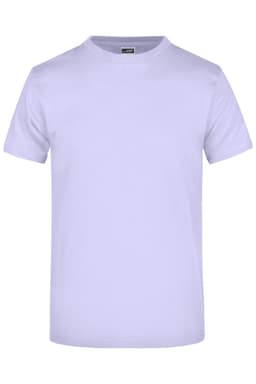 A lavender t-shirt with short sleeves, featuring a simple design and a branding label on the inside.