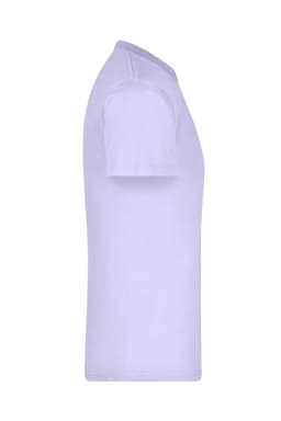 A side view of a light purple t-shirt with short sleeves, featuring a logo on the chest area.