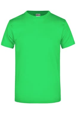 A bright green T-shirt with a crew neck and short sleeves, featuring a logo.