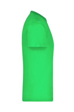 A bright green t-shirt displayed from the side, featuring a logo on the upper left.