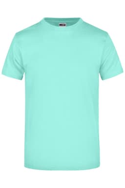 A mint green t-shirt with a round neck and short sleeves, featuring a logo on the label.