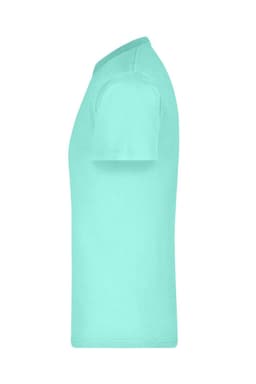 A mint green t-shirt displayed from the side, featuring a simple design and a logo on the front.