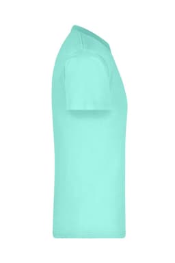 A plain, mint green T-shirt displayed from the side, featuring a simple design and a brand logo.