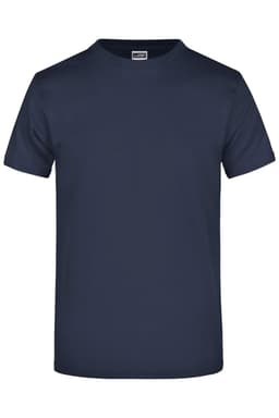 A navy blue t-shirt featuring a crew neckline and short sleeves, with a visible logo on the label.