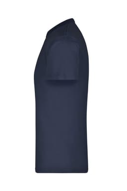A navy blue t-shirt displayed from the side, featuring a simple, classic design and a logo.