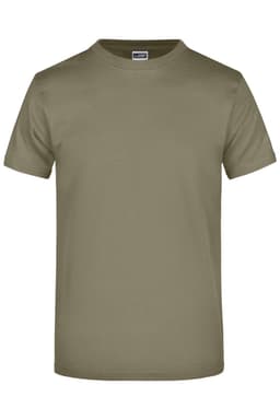 A plain olive green t-shirt with short sleeves and a round neckline. The shirt features a logo.