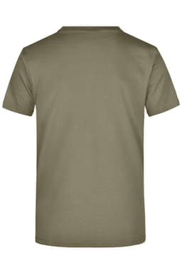 A khaki green t-shirt with a round neckline and short sleeves, featuring a plain back design.