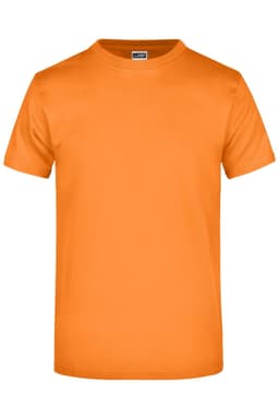 An orange t-shirt, short-sleeved, featuring a logo on the label. Suitable for casual wear.