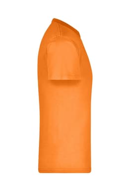 An orange t-shirt viewed from the side, featuring a plain design and short sleeves. It includes a logo on the garment.