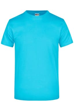 A vibrant turquoise t-shirt with short sleeves and a round neckline. It features a logo on the label.
