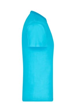 A turquoise T-shirt with short sleeves, featuring a logo on the front side.