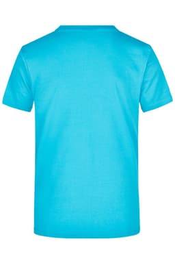 A blue t-shirt with a round neck and short sleeves, featuring a plain back. Contains branding.