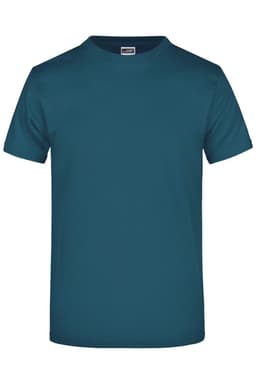 A teal t-shirt with short sleeves and a crew neck, featuring a logo on the label.