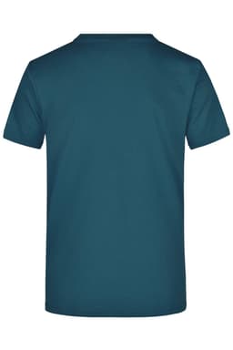 A teal round-neck T-shirt with short sleeves and a plain back, featuring a logo.