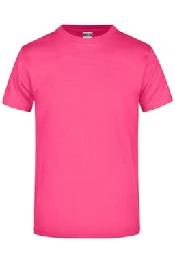 A bright pink t-shirt in a classic style, featuring short sleeves and a round neck. It includes a logo.