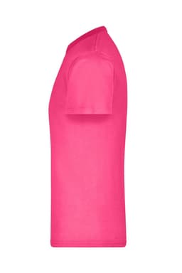 A pink T-shirt with short sleeves and a classic fit, featuring a logo on the side.