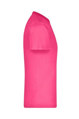 A bright pink T-shirt displayed on its side, featuring a simple design and no visible logos.
