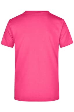 A pink t-shirt in a plain design, featuring a smooth back and short sleeves. It has a logo on the label.