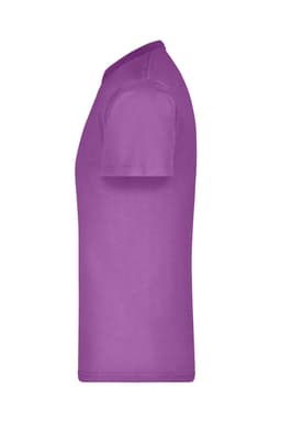 A purple T-shirt with short sleeves and a crew neckline, featuring a brand logo.