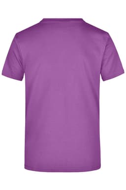A purple t-shirt with a round neckline and short sleeves, featuring a logo on the back.