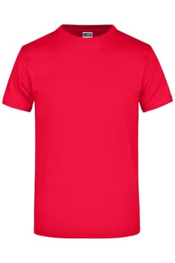 A plain red t-shirt with a crew neck and short sleeves, featuring a label inside and a logo on the neck.