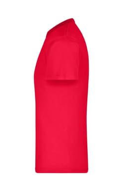A red t-shirt displayed from the side, featuring a smooth finish and short sleeves. It has a logo on the fabric.