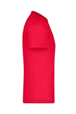 A red T-shirt featuring short sleeves and a fitted design. The shirt includes a logo on the fabric.