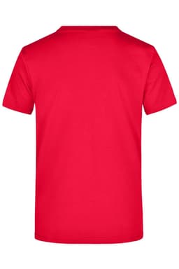 A red T-shirt featuring a plain back design and a logo on the neck.