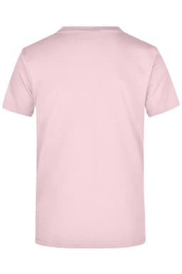 A pink T-shirt with a plain back, featuring a logo on the front.