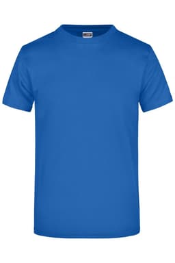 A blue T-shirt with a round neckline and short sleeves. The shirt features a logo on the front.