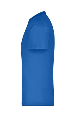 A blue T-shirt in a side view with short sleeves, featuring a logo on the front.