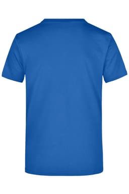 A blue T-shirt featuring a plain design with a logo on the back.