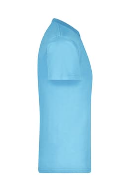 A light blue t-shirt displayed from the side, featuring short sleeves and a smooth texture. It has a branding logo.