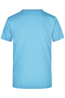 A blue t-shirt featuring a plain back design and a logo on the neckline.