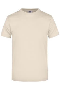 A beige t-shirt featuring short sleeves and a round neck, with a logo on the neckline.
