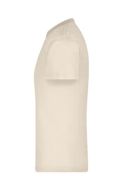 A side view of a beige T-shirt featuring a short sleeve design and a logo.