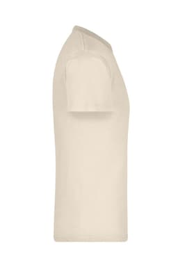 A light beige T-shirt displayed from the side, featuring a crew neck and short sleeves. It has a subtle logo.