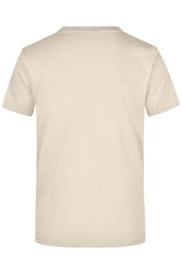A beige t-shirt with a round neck and short sleeves, featuring a logo on the back.