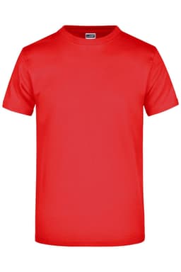 A red T-shirt with a round neck and short sleeves, featuring a branding logo.
