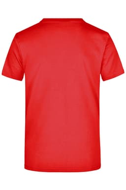 A red T-shirt with a plain back. The shirt features a logo on the front.
